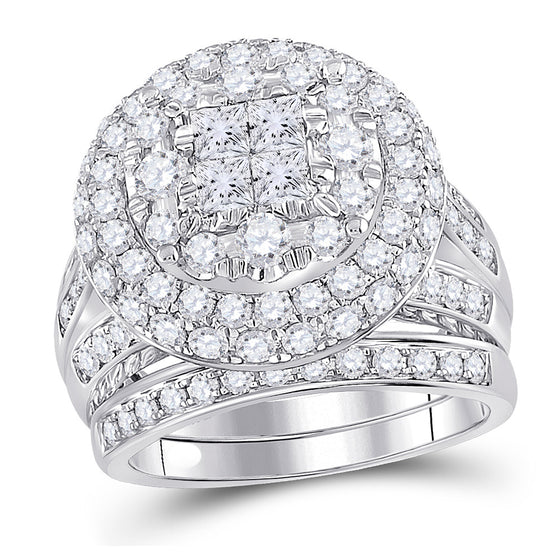 14k White Gold Princess Diamond Bridal Wedding Ring Band Set 3 Cttw