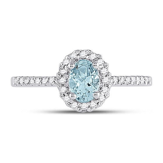 10k White Gold Womens Oval Aquamarine Diamond-accent Solitaire Ring 1/5 Cttw
