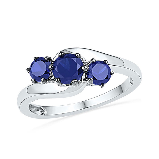 10k White Gold Womens Round Synthetic Blue Sapphire 3-stone Ring 1-1/2 Cttw