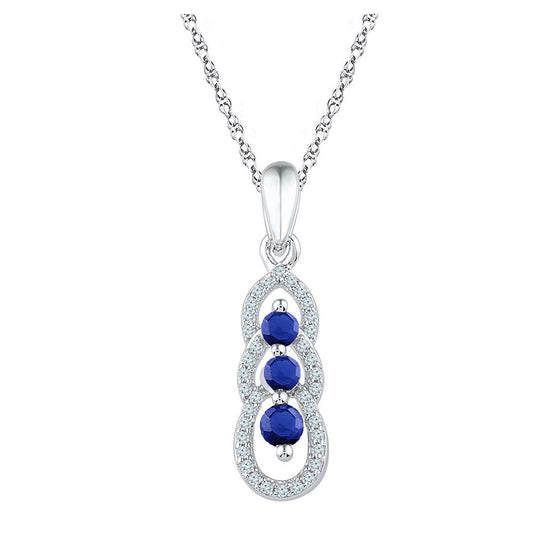 10k White Gold Womens Round Synthetic Blue Sapphire 3-stone Pendant 1/2 Cttw