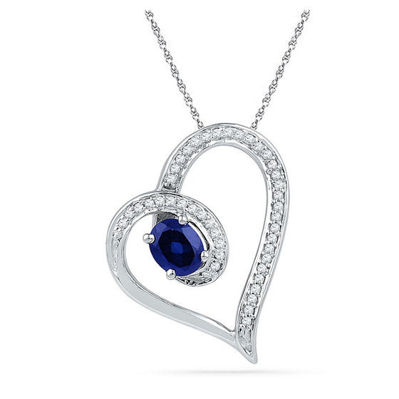 10k White Gold Womens Oval Synthetic Blue Sapphire Heart Outline Pendant 3/4 Cttw
