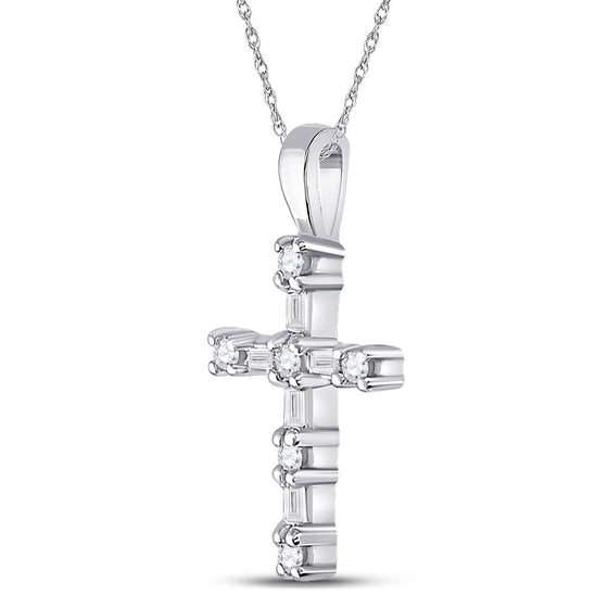 10k White Gold Womens Round Baguette Diamond Cross Pendant 1/4 Cttw