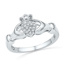  10k White Gold Womens Round Diamond Claddagh Hands & Heart Cluster Ring 1/20 Cttw