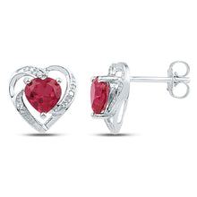  10k White Gold Womens Round Synthetic Ruby Diamond Heart Earrings 3/8 Cttw