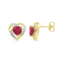  10k Yellow Gold Womens Round Synthetic Ruby Diamond Heart Earrings 3/8 Cttw