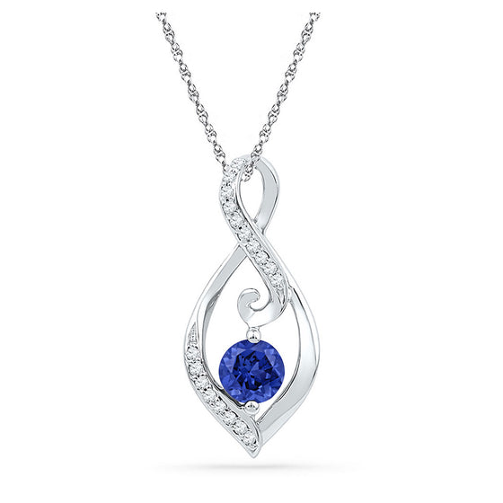 10k White Gold Womens Round Synthetic Blue Sapphire Solitaire Diamond Pendant 1/10 Cttw