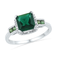  Sterling Silver Womens Princess Synthetic Emerald Solitaire Diamond-accent Ring 2-1/5 Cttw