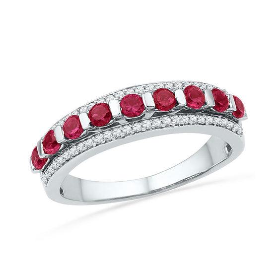 10k White Gold Womens Round Synthetic Ruby Diamond Band Ring 1 Cttw