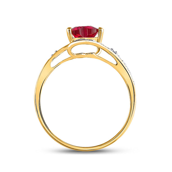 10k Yellow Gold Womens Heart Synthetic Ruby Solitaire Diamond-accent Bypass Ring 1 Cttw