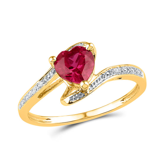 10k Yellow Gold Womens Heart Synthetic Ruby Solitaire Diamond-accent Bypass Ring 1 Cttw