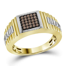  10k Yellow Gold Mens Round Brown Diamond Square Cluster Ribbed Ring 1/4 Cttw