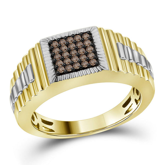 10k Yellow Gold Mens Round Brown Diamond Square Cluster Ribbed Ring 1/4 Cttw