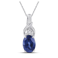  Sterling Silver Womens Oval Synthetic Blue Sapphire Solitaire Diamond Pendant 7/8 Cttw