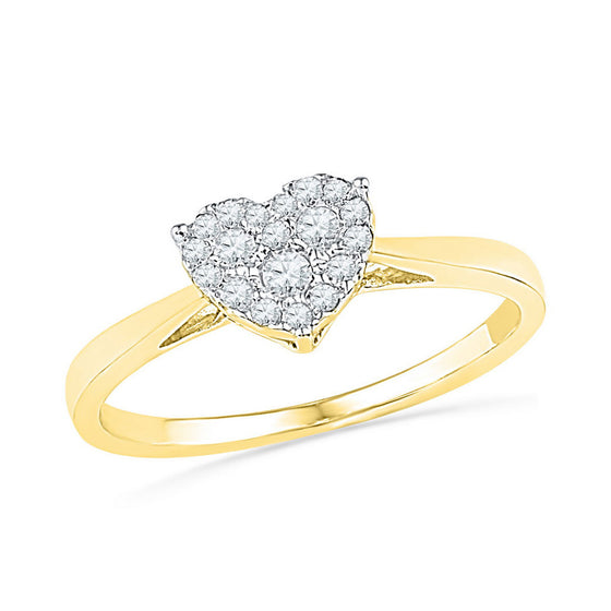 10k Yellow Gold Womens Round Diamond Simple Heart Cluster Ring 1/6 Cttw