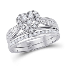  10k White Gold Round Diamond Heart Bridal Wedding Ring Band Set 1/2 Cttw