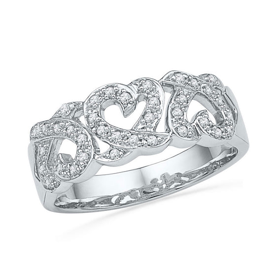 10k White Gold Womens Round Diamond Triple Heart Band Ring 1/5 Cttw
