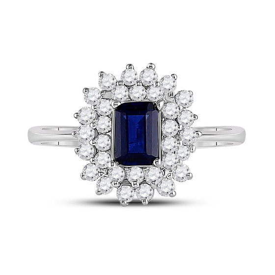 10k White Gold Womens Emerald Synthetic Blue Sapphire Solitaire Ring 1-1/3 Cttw