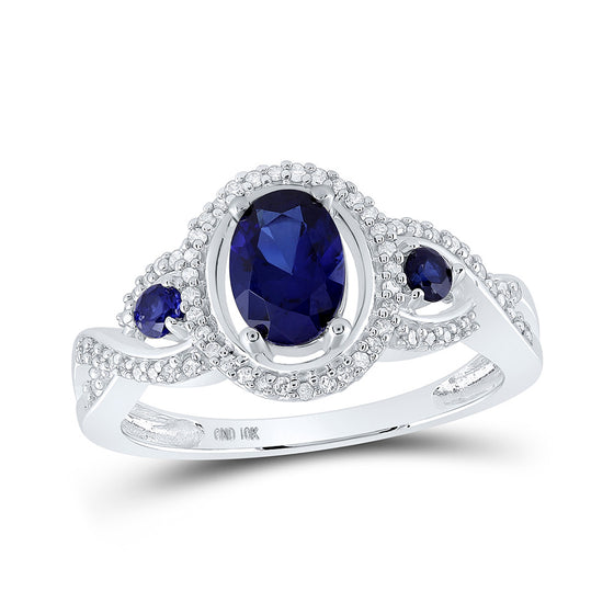10k White Gold Womens Oval Synthetic Blue Sapphire 3-stone Ring 1-1/2 Cttw