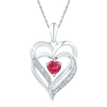  Sterling Silver Womens Round Synthetic Ruby & Diamond Heart Pendant .01 Cttw