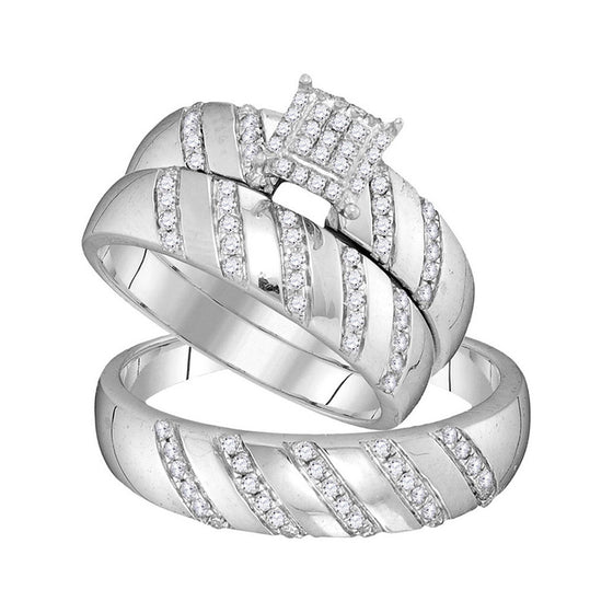 10k White Gold His Hers Round Diamond Cluster Matching Wedding Set 1/2 Cttw