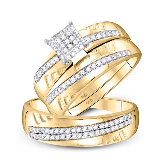 10k Yellow Gold His Hers Round Diamond Square Matching Wedding Set 1/2 Cttw