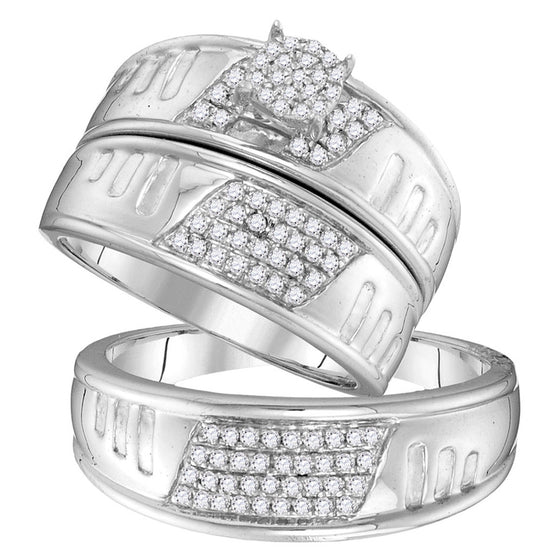 10k White Gold His Hers Round Diamond Cluster Matching Wedding Set 3/8 Cttw