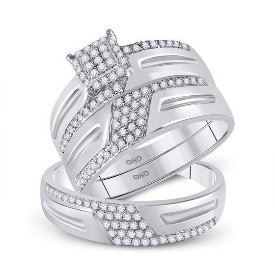 10k White Gold His Hers Round Diamond Square Matching Wedding Set 1/2 Cttw