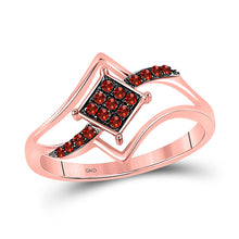  10k Rose Gold Womens Round Red Color Enhanced Diamond Diagonal Square Cluster Ring 1/6 Cttw