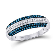  10k White Gold Womens Round Blue Color Enhanced Diamond Striped Band Ring 1/2 Cttw