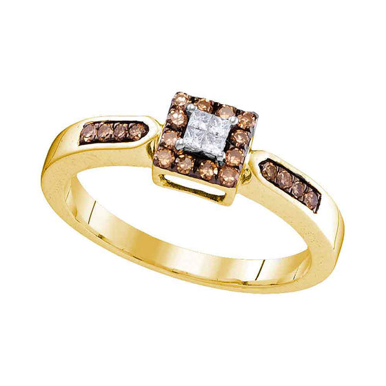 10k Yellow Gold Womens Round Brown Diamond Square Cluster Ring 1/4 Cttw