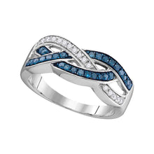  10k White Gold Womens Round Blue Color Enhanced Diamond Crossover Band Ring 1/3 Cttw