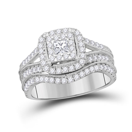 14k White Gold Princess Diamond Halo Bridal Wedding Ring Band Set 1 Cttw