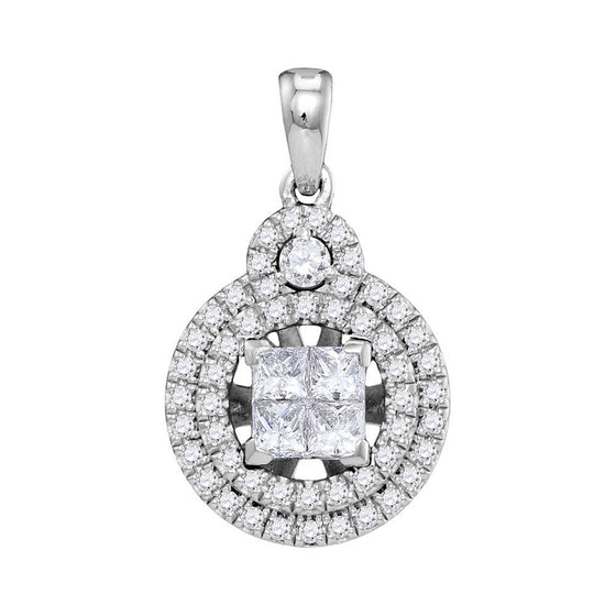 14k White Gold Womens Princess Diamond Cluster Circle Frame Pendant 7/8 Cttw