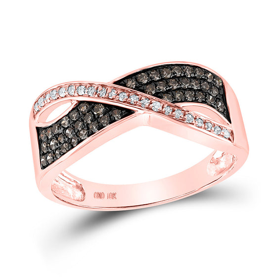 10k Rose Gold Womens Round Brown Diamond Crossover Band Ring 1/3 Cttw