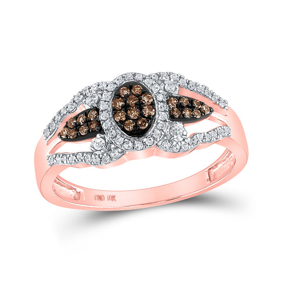 10k Rose Gold Womens Round Brown Diamond Oval Cluster Ring 1/3 Cttw