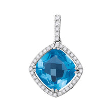  14k White Gold Womens Cushion Blue Topaz Diamond Square Solitaire Pendant 3-1/2 Cttw