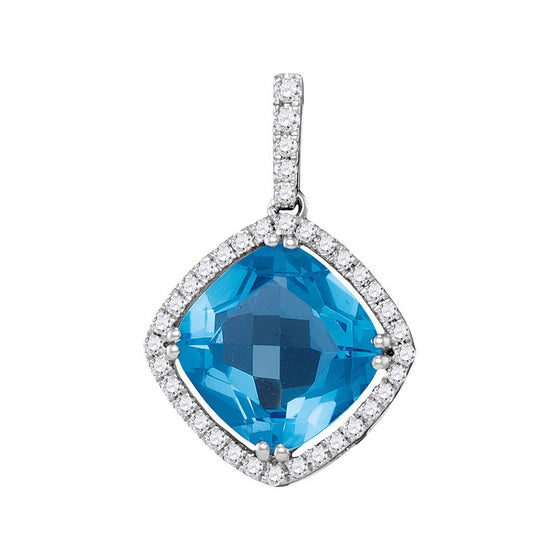 14k White Gold Womens Cushion Blue Topaz Diamond Square Solitaire Pendant 3-1/2 Cttw