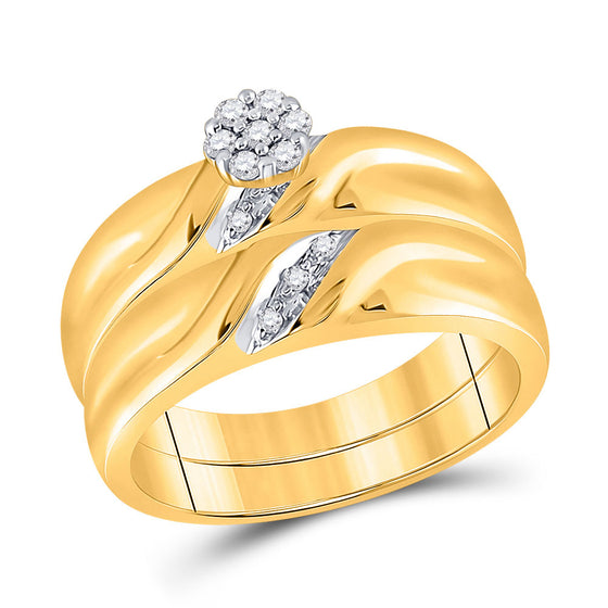 10k Yellow Gold His Hers Round Diamond Cluster Matching Wedding Set 1/6 Cttw