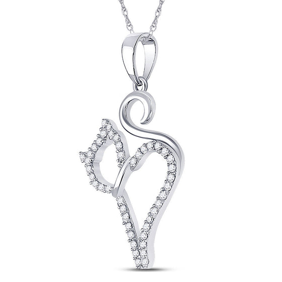 10k White Gold Womens Round Diamond Kitty Cat Animal Pendant 1/6 Cttw