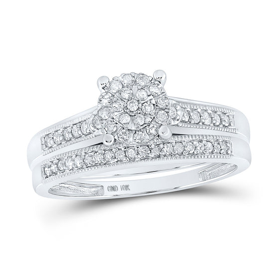 10k White Gold His Hers Round Diamond Cluster Matching Wedding Set 3/8 Cttw