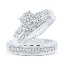  10k White Gold His Hers Round Diamond Cluster Matching Wedding Set 3/8 Cttw