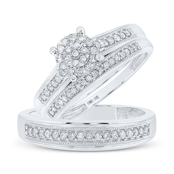 10k White Gold His Hers Round Diamond Cluster Matching Wedding Set 3/8 Cttw