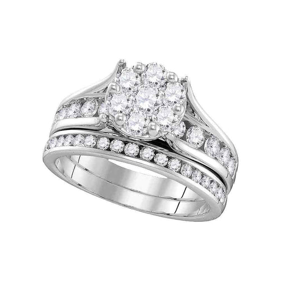 14k White Gold Round Diamond Cluster Bridal Wedding Ring Band Set 1-1/2 Cttw