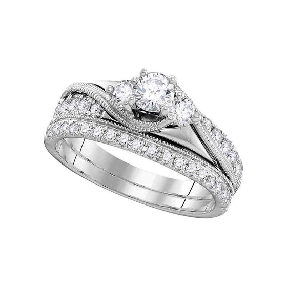 14k White Gold Round Diamond 3-Stone Bridal Wedding Ring Band Set 7/8 Cttw