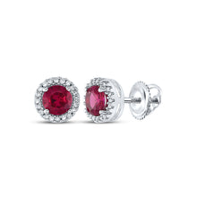  10k White Gold Womens Round Synthetic Ruby Diamond Stud Earrings 1-1/3 Cttw