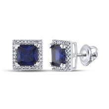  10k White Gold Womens Princess Synthetic Blue Sapphire Stud Earrings 2 Cttw