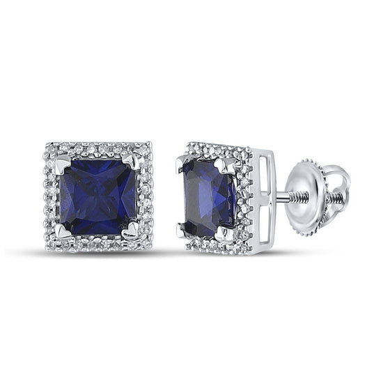 10k White Gold Womens Princess Synthetic Blue Sapphire Stud Earrings 2 Cttw