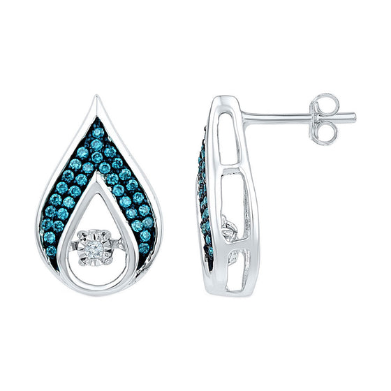 10k White Gold Womens Round Blue Color Enhanced Diamond Teardrop Earrings 1/4 Cttw