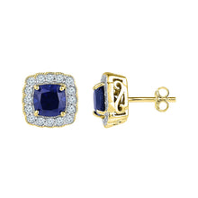  10k Yellow Gold Womens Cushion Synthetic Blue Sapphire Stud Earrings 3-1/3 Cttw