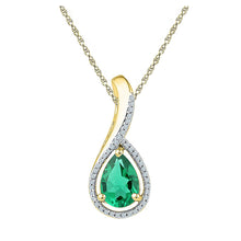  10k Yellow Gold Womens Pear Synthetic Emerald Solitaire Diamond Pendant 2 Cttw